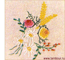 Букет цветов, выполненных швами: тамбурным, стебельчатым и рококо - www.tambour.ru